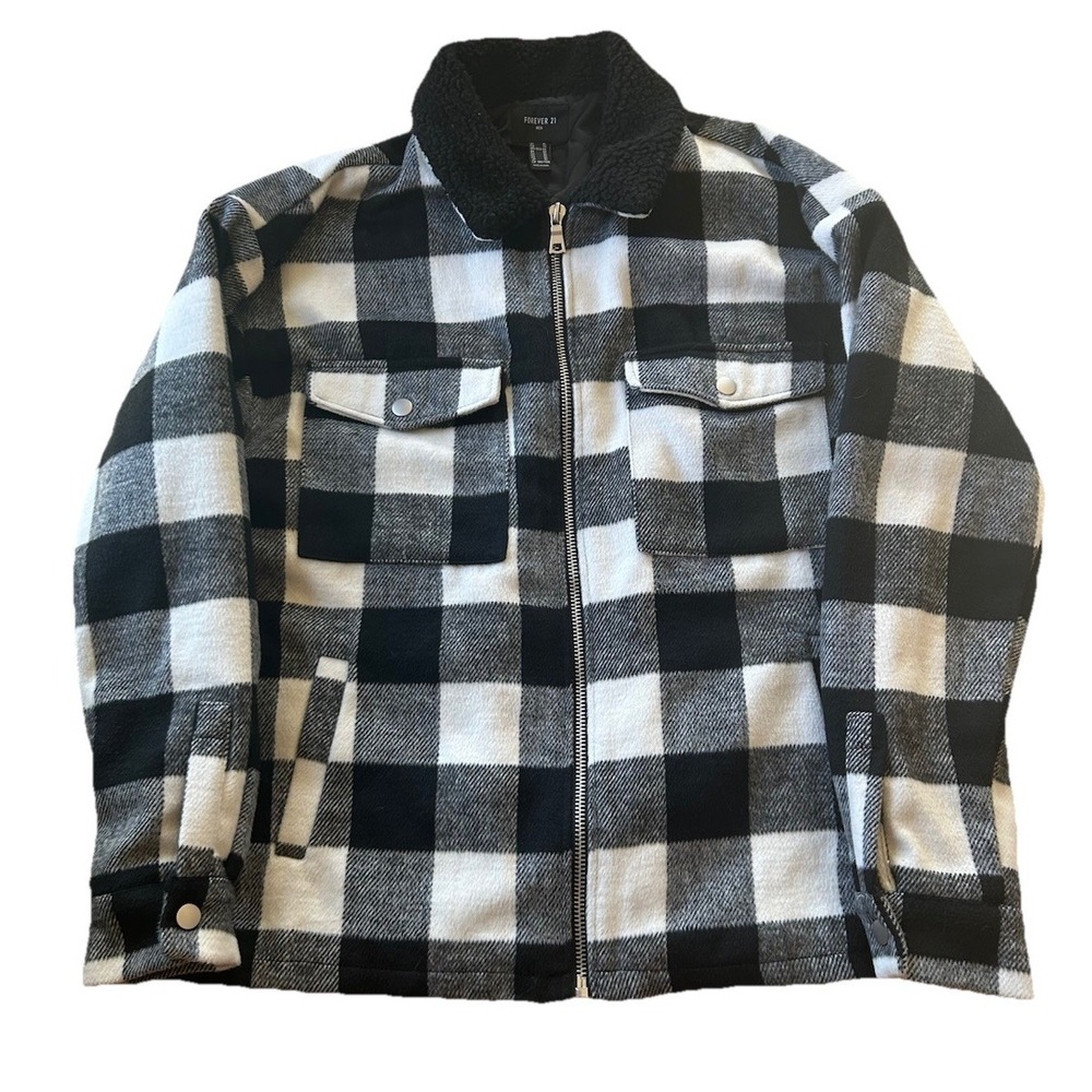 Forever 21 Men's Trucker Jacket Black White Buffalo Plaid Full Zip XL Rugged